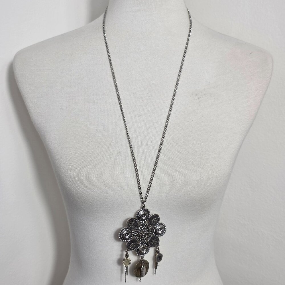 Chico's Etched Silvertone Medallion Pendant Necklace Mexican Inspired Boho - Picture 1 of 14